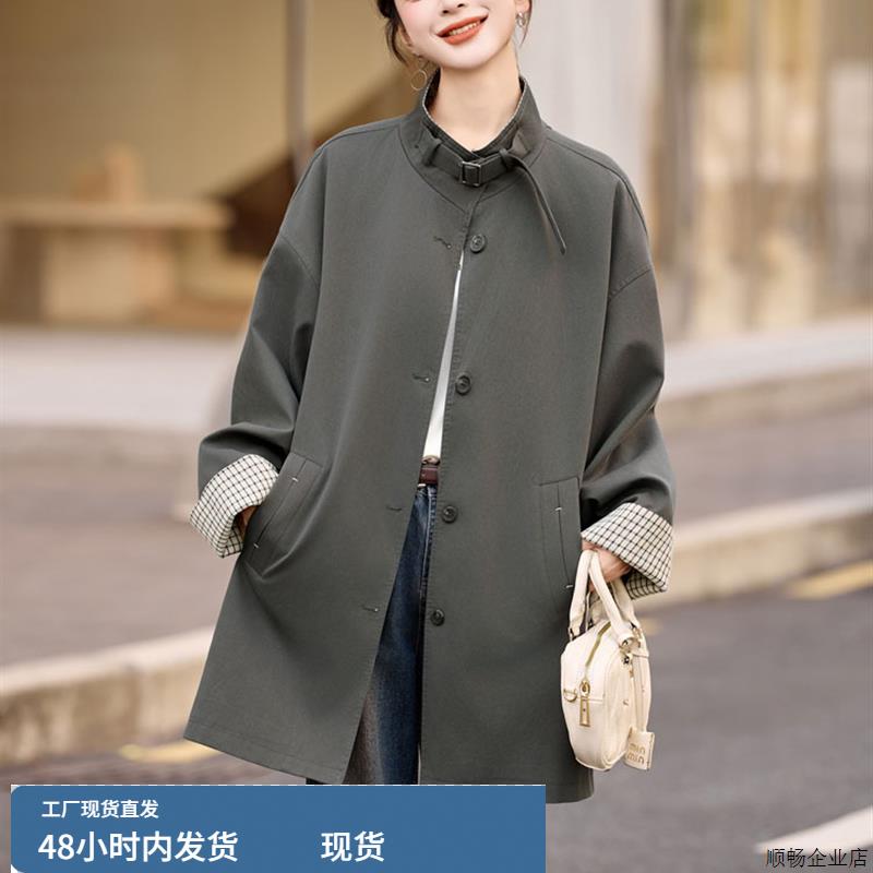风衣女中长款2025秋季新款小个子韩系巨好看的英伦风灰色立领外套