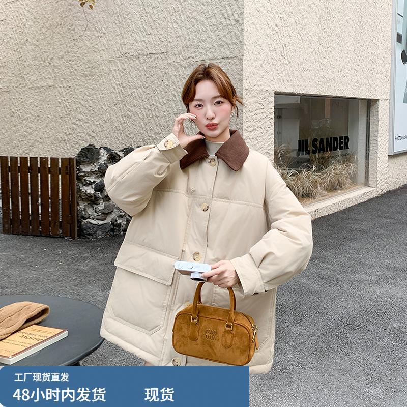 韩系灯芯绒翻领拼接羽绒服女冬季2025年新款宽松90白鸭绒工装外套
