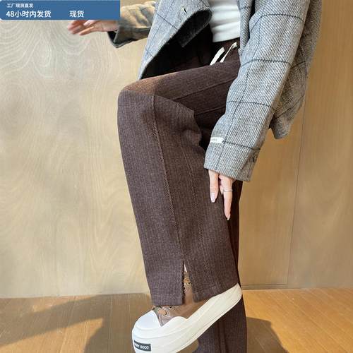 开叉毛呢阔腿裤女秋2025年超火的咖色裤子秋冬新款版型好的卫裤LK