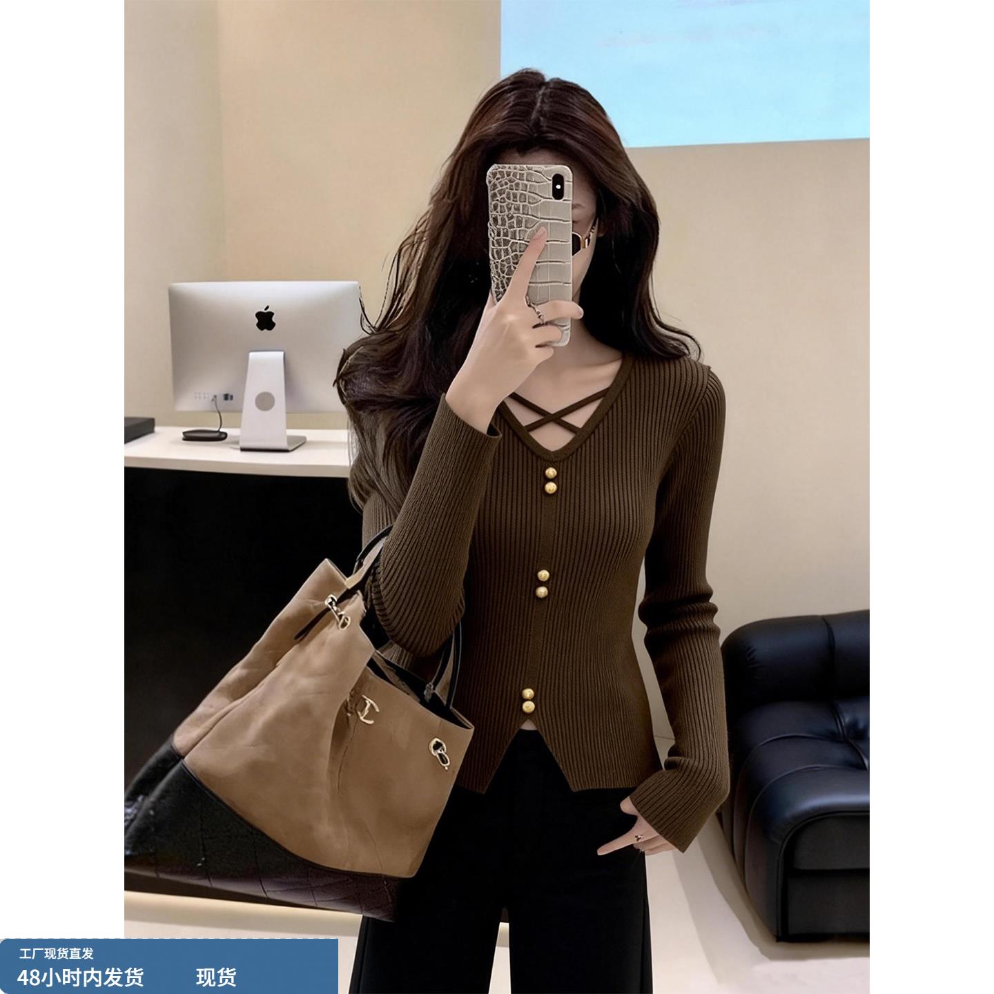 法式小心机开叉长袖毛衣女2025秋季新款设计感小众V领针织衫上衣