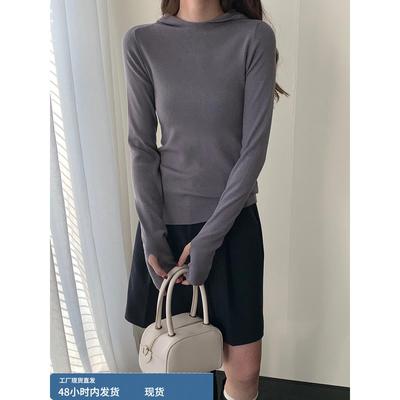 2023爆款灰色连帽打底针织衫女内搭新款秋冬修身叠穿毛衣别致上衣