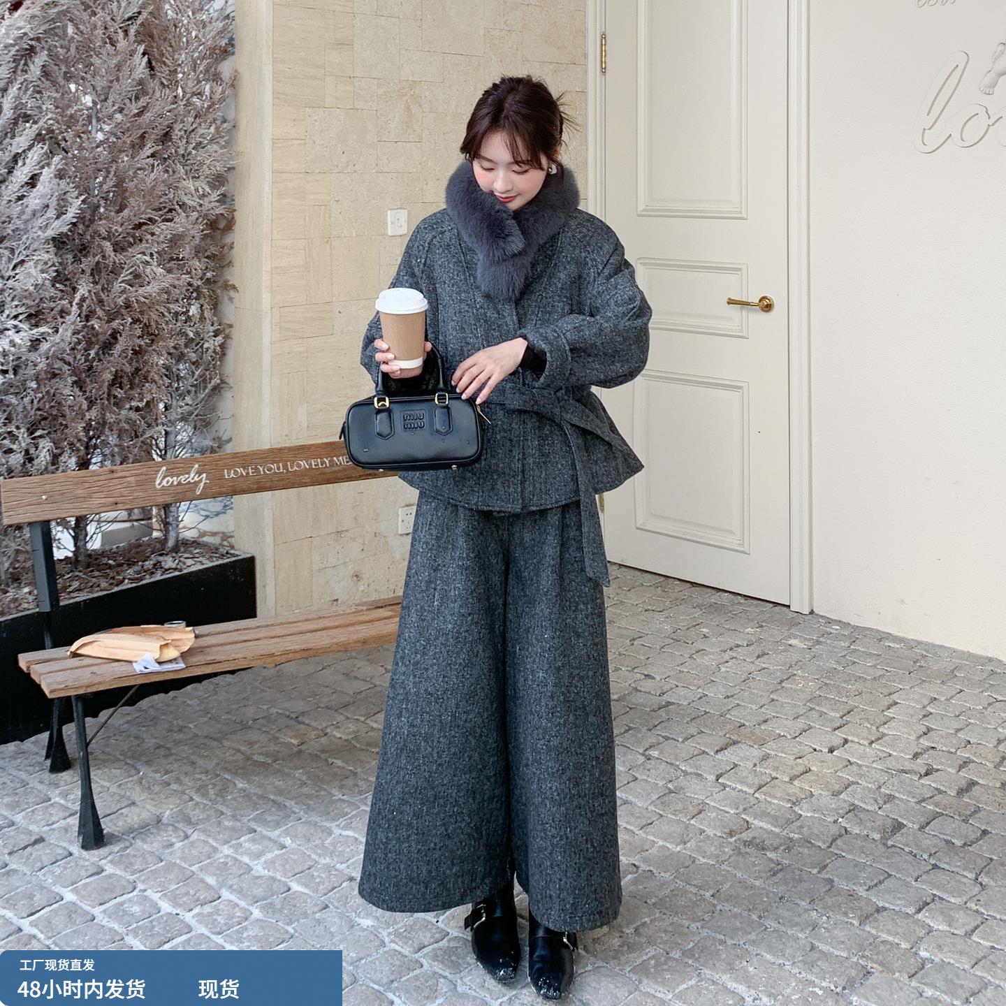 灰色羽绒服毛呢阔腿裤套装女2025冬季新款韩版气质90白鸭绒两件套