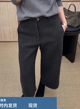 灰色毛呢加绒休闲裤女秋冬新款大尺码胖mm小个子宽松显瘦直筒宽裤