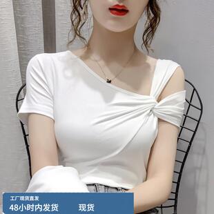 韩版时尚性感泫雅风设计感小众衬衫t恤女斜领洋气修身显瘦上衣ins