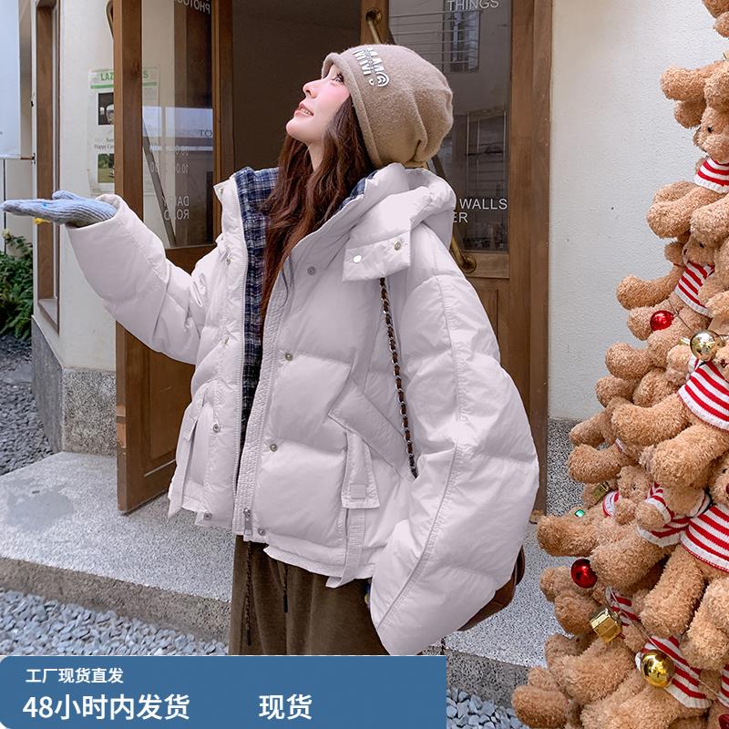 格纹拼接浅紫色羽绒服女冬加厚外套2025新款巨好看韩系连帽面包服