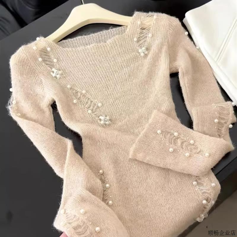 法式重工破洞钉珠针织衫女秋季高级感气质精致超漂亮独特长袖上衣