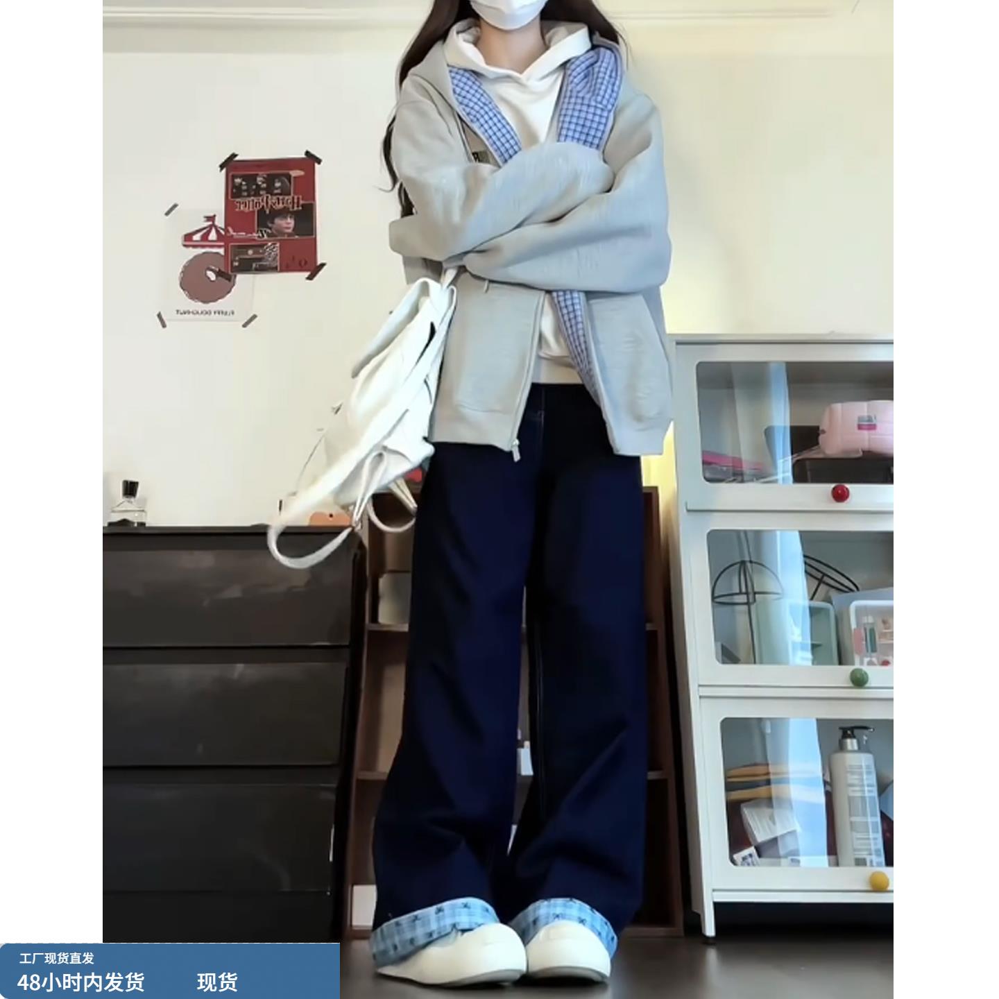 初中高中学生工装牛仔裤女秋冬2025新款梨型身材低腰宽松阔腿长裤