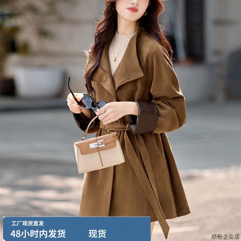 风衣女中长款2025秋季新款韩系巨好看的高级感收腰咖色鹿皮绒外套