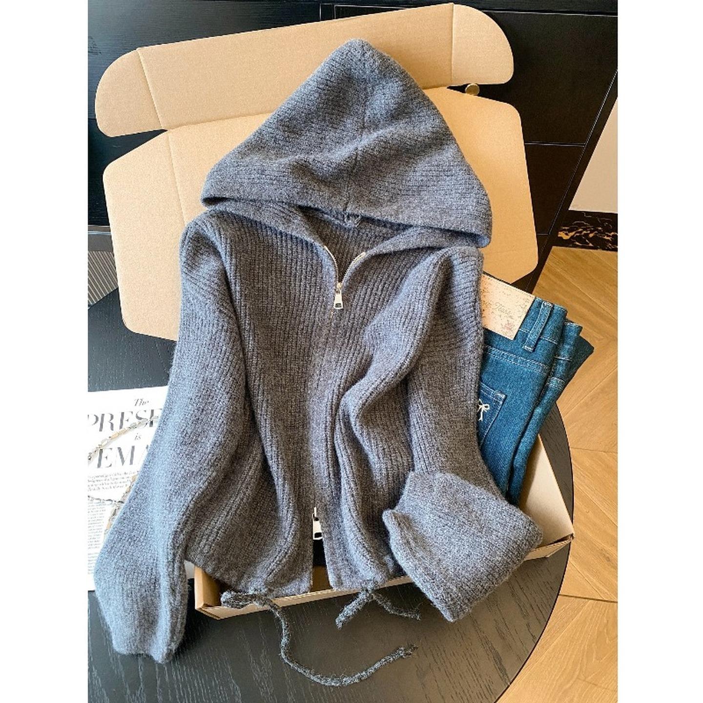 韩系灰色复古拉链连帽针织衫女秋冬季慵懒风宽松灰色毛衣外套上衣