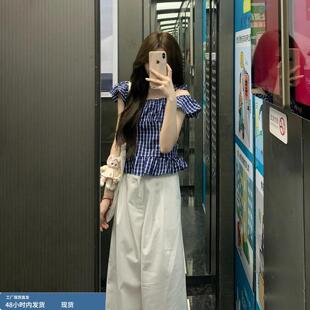 小飞袖蓝色格子衬衫女款2026新款爆款甜美风小衫气质短款法式上衣