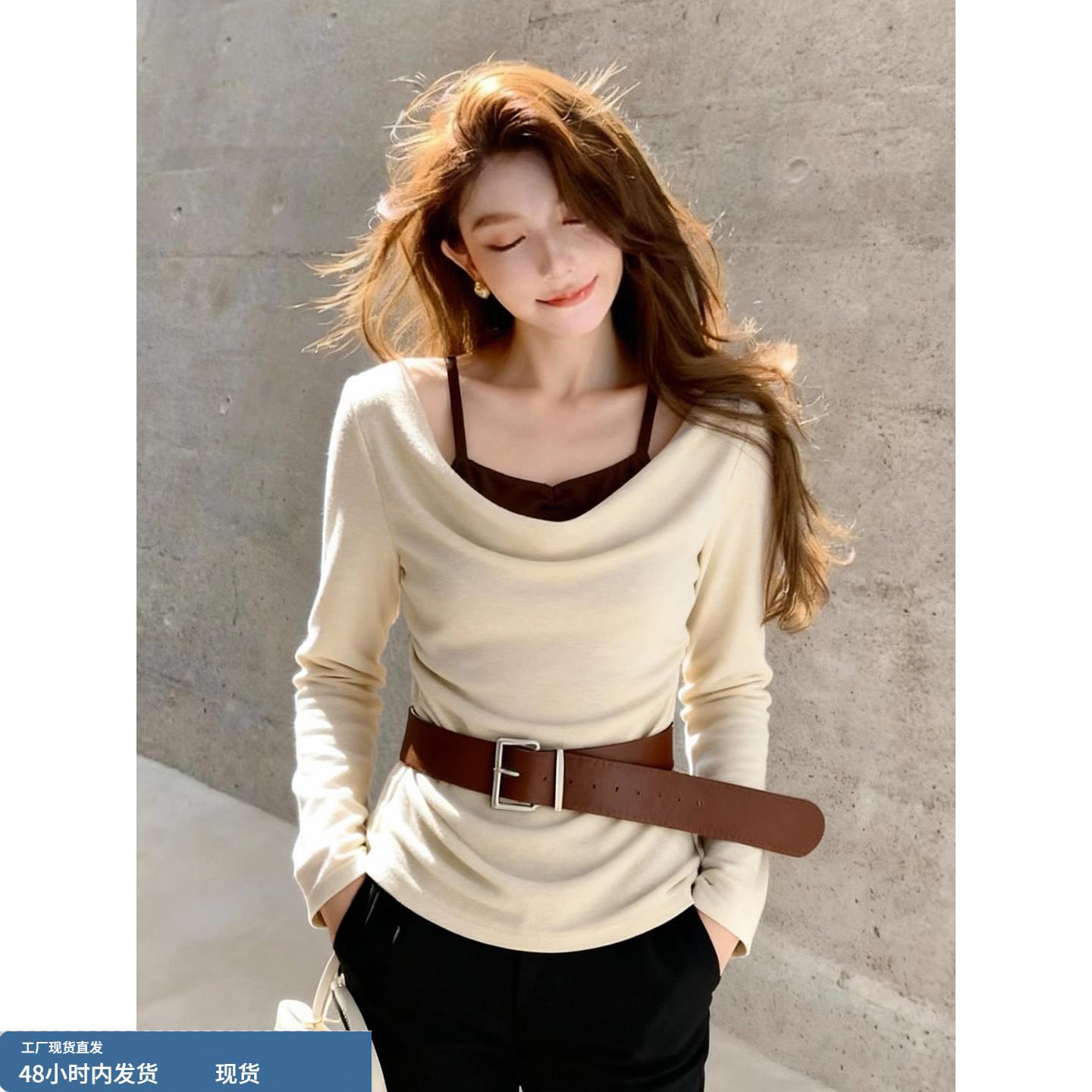 复古辣妹风荡领假两件长袖针织衫女秋季新款修身收腰打底衫上衣潮