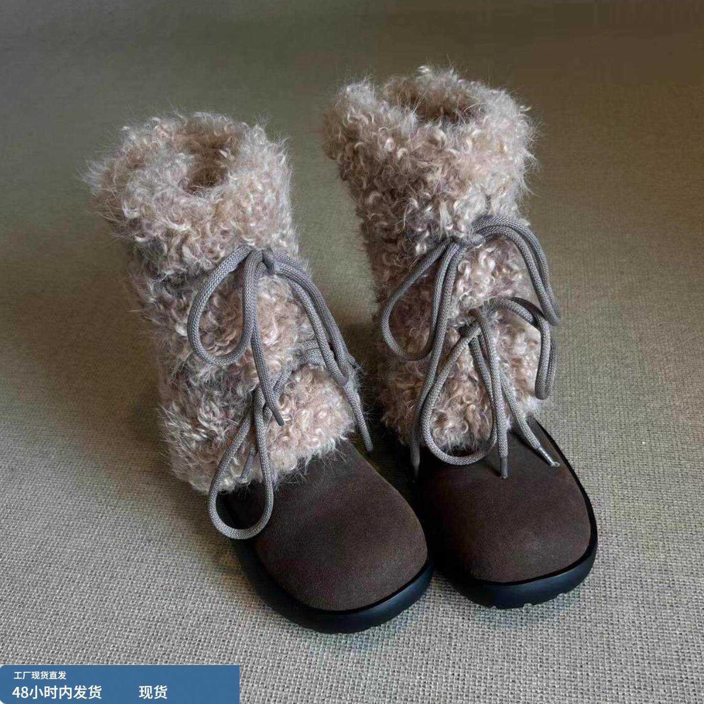 厚底毛毛棉靴加绒加厚大头雪地靴女2025冬季新款小众短靴保暖棉鞋