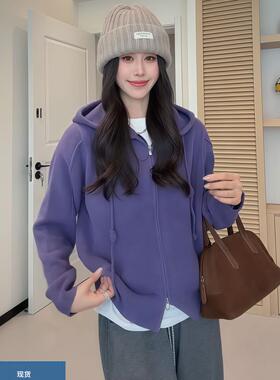 微胖MM韩系紫色减龄双拉链连帽针织衫女秋冬宽松显瘦百搭时尚上衣