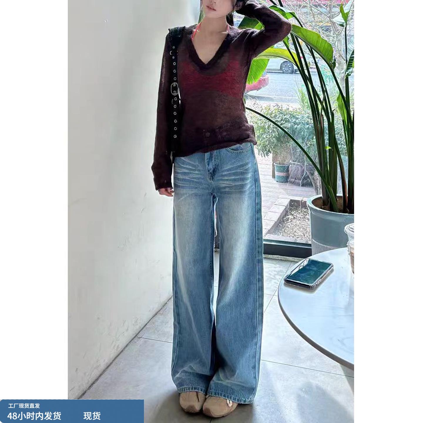 美式工装牛仔裤女秋冬季新款初中高中学生小个子低腰款阔腿长裤子