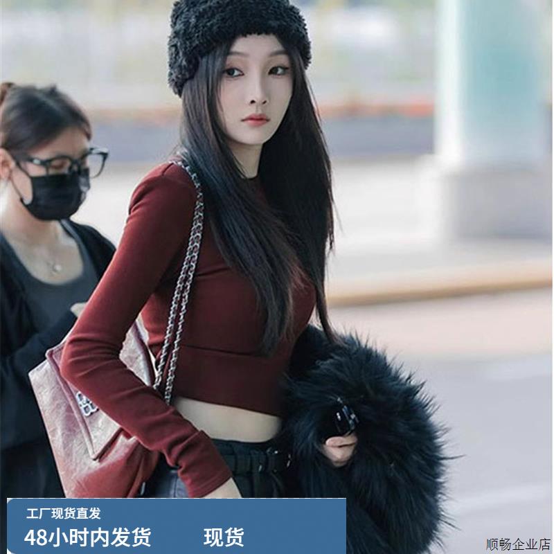 韩系chic别致上衣短款打底衫女早秋季紧身安可拉红色内搭长袖T恤