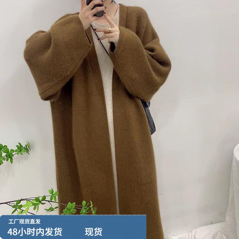 欧货2022秋冬新款长款浣熊绒毛衣外套女宽松慵懒风中长款针织开衫