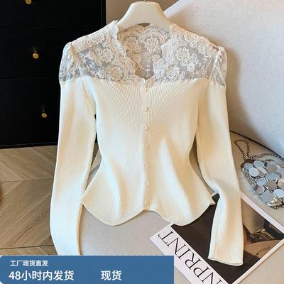 黑色打底衫女秋冬高级感内搭可外穿v领套头蕾丝拼接针织毛衣上衣