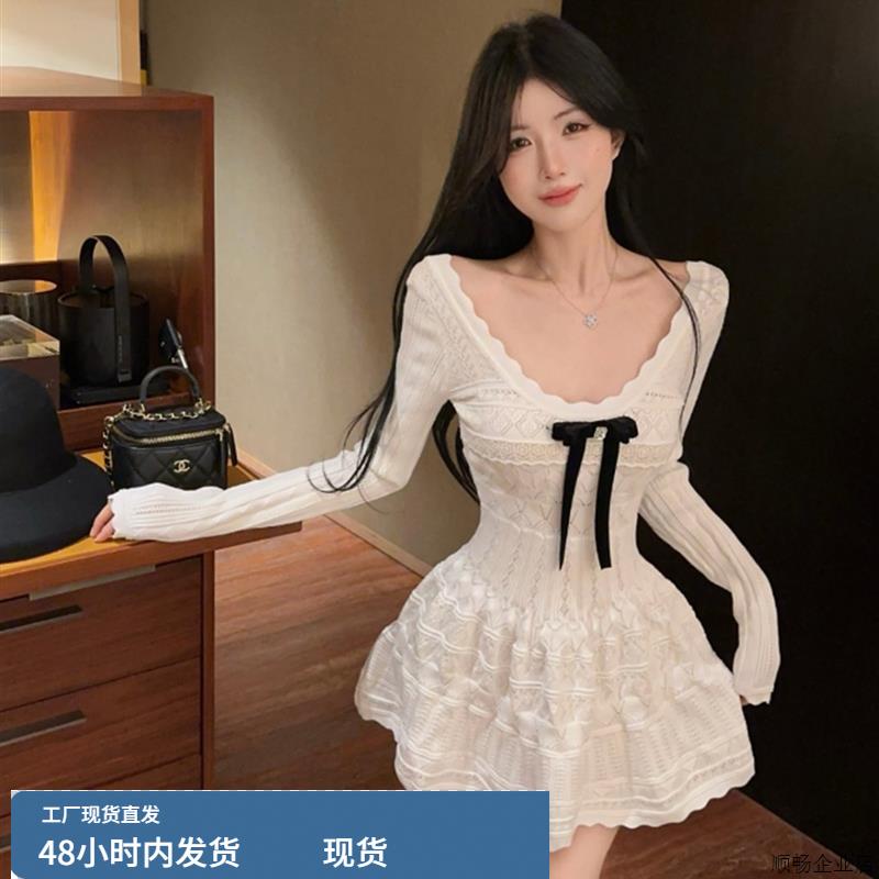 miu系巨好看的针织连衣裙女早秋冬温柔富家千金感穿搭公主蓬蓬裙
