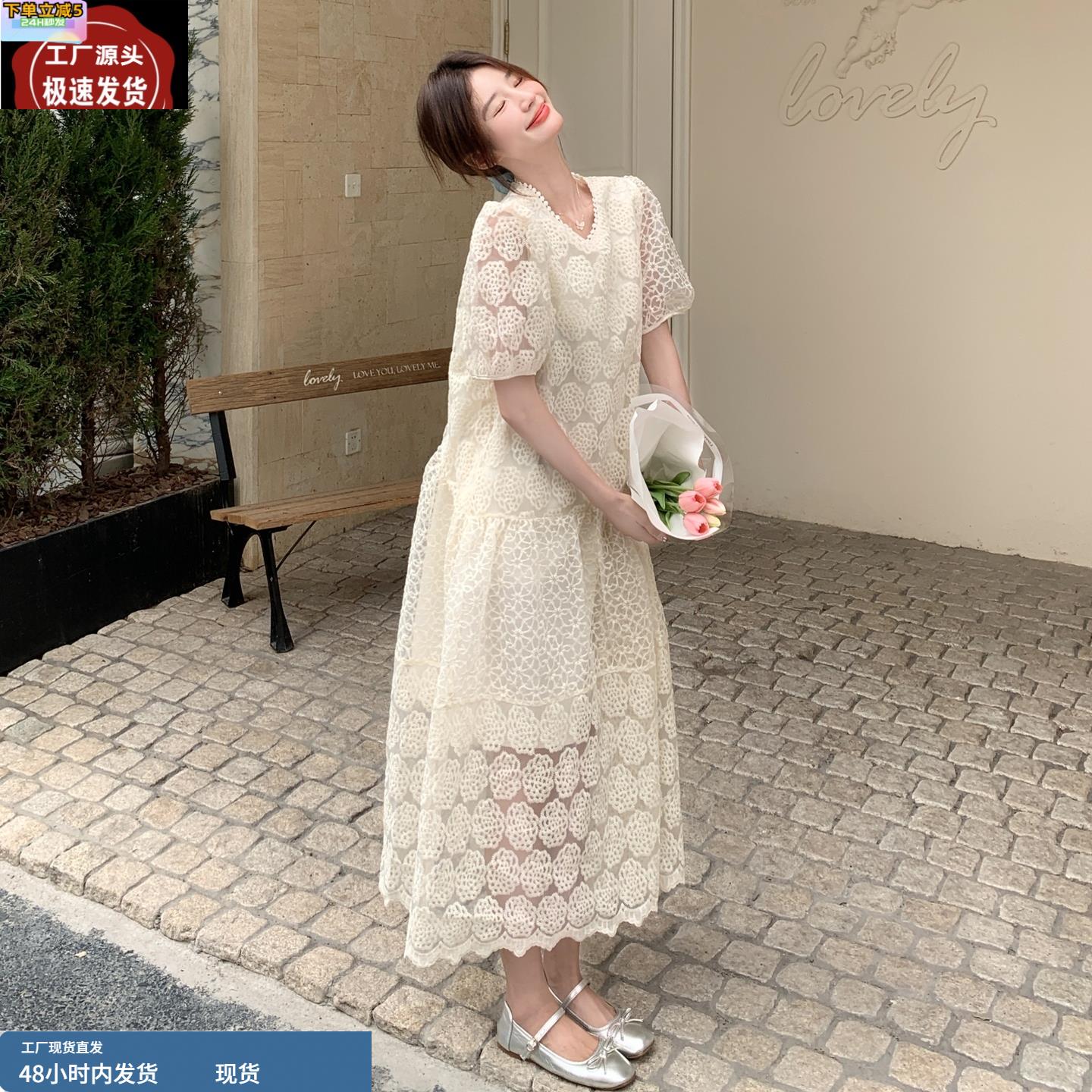 白色刺绣法式泡泡袖仙女连衣裙女夏季2025新款温柔风绝美公主长裙