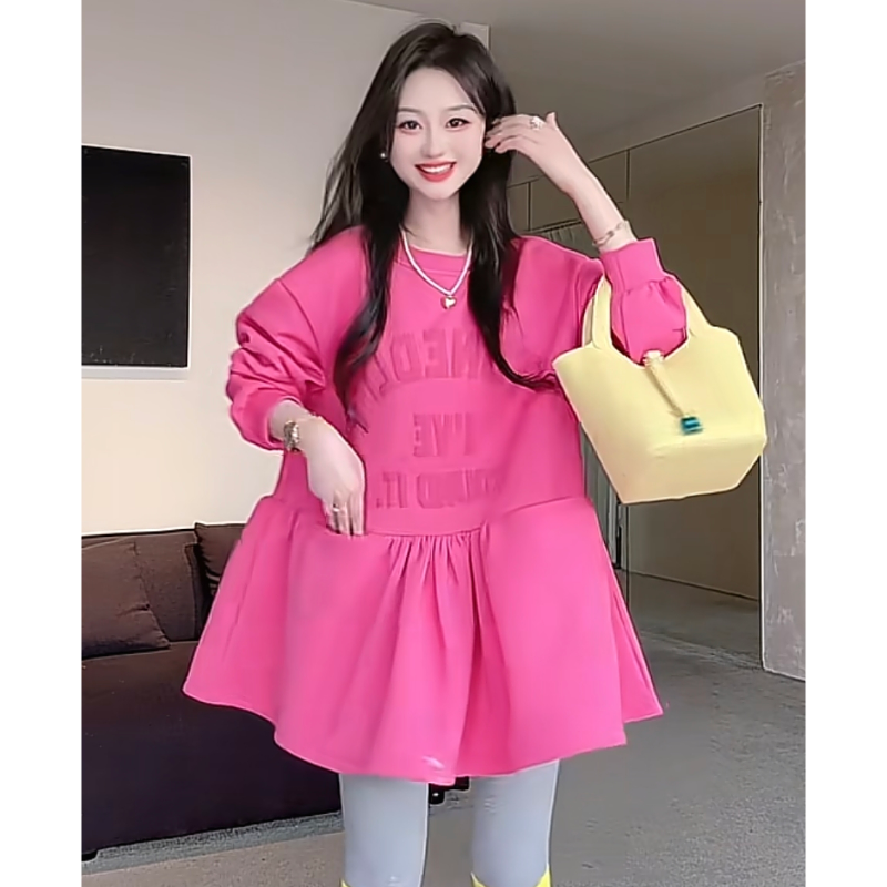 【XCZ】新款慵懒风时尚原创拼接套头显瘦减龄休闲长袖圆领卫衣裙