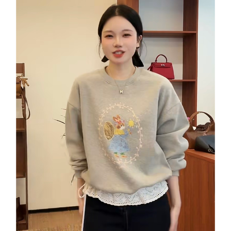 sweet【许愿小兔】G026#韩系秋冬圆领长袖落肩拼接卫衣女气质百搭