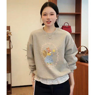 韩系秋冬圆领长袖 G026 落肩拼接卫衣女气质百搭 许愿小兔 sweet