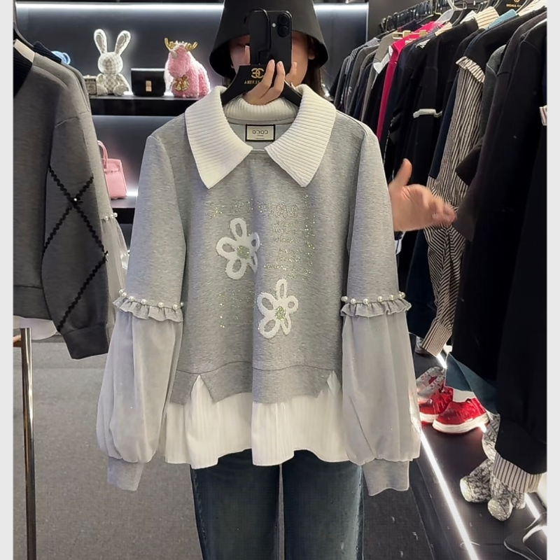 秋款高级感设计师款原创女装拼接重工花朵显瘦百搭长袖卫衣HD082