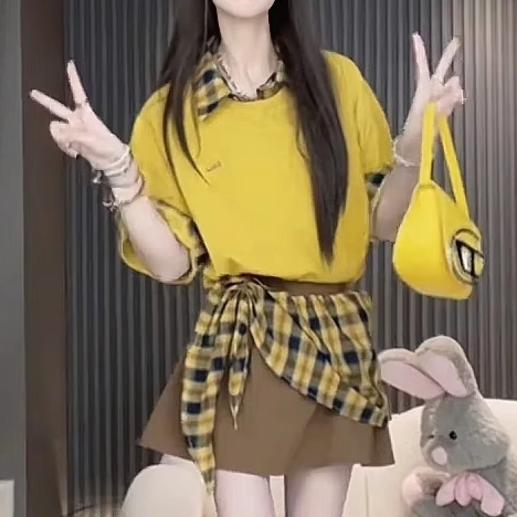 撞色多巴胺翻领T恤上衣屁帘半身裙两件套夏季新款百搭学院风减龄