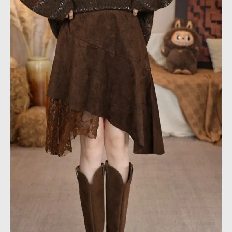 麂皮绒秋季新款女装棕色高腰A字半身裙女长款显瘦百搭气质裙子103