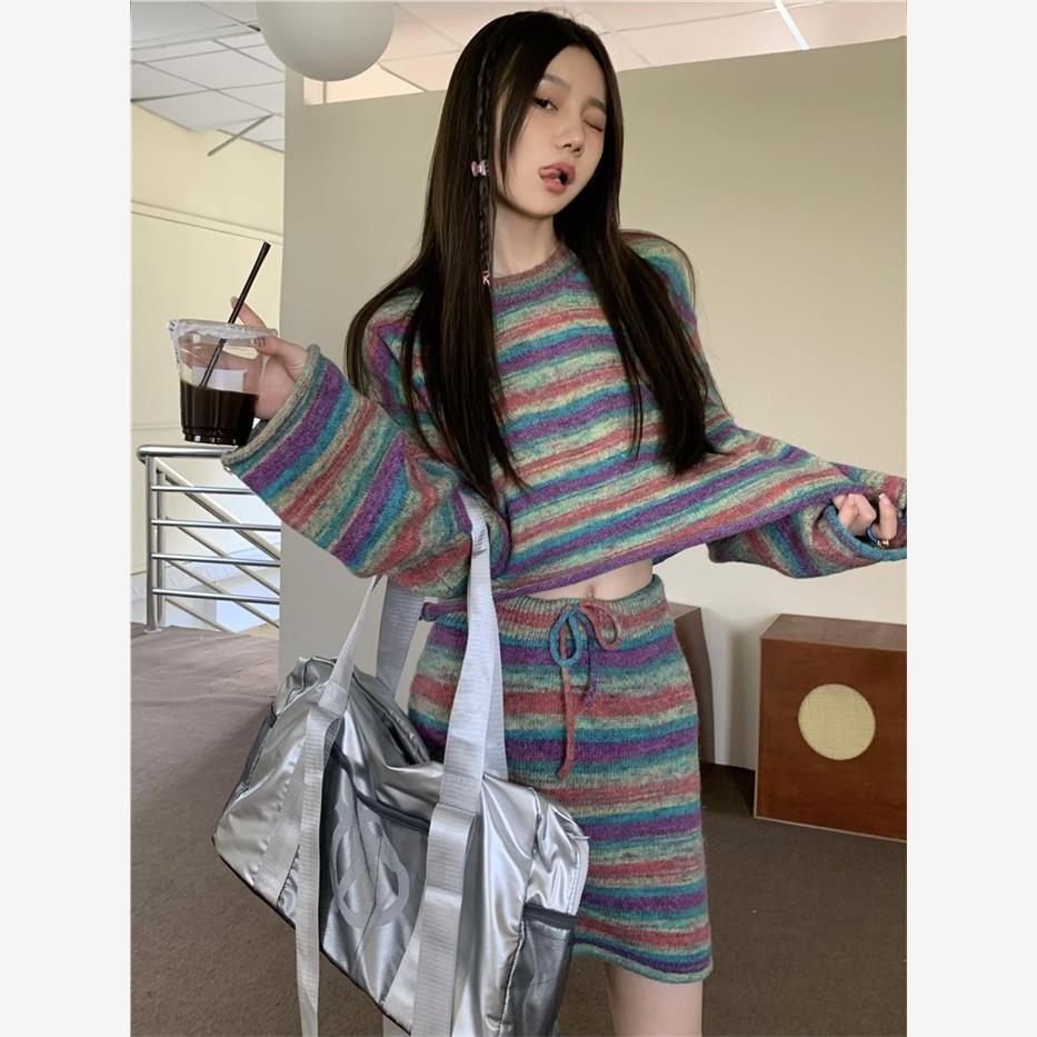 条纹撞色毛衣套装女秋冬