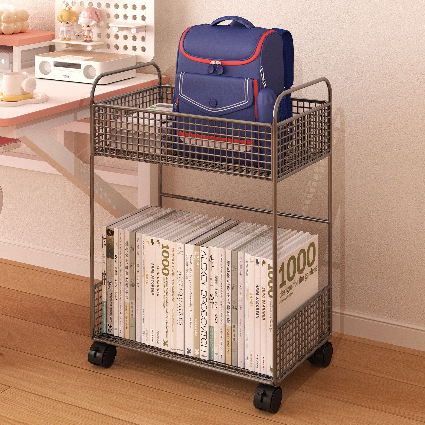 可移动落地小推车书包书本收纳架
