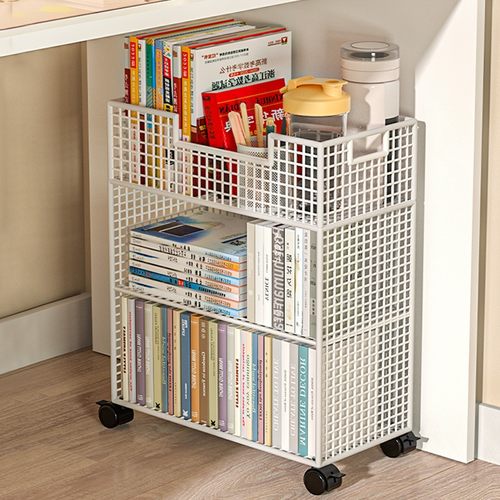 书桌旁落地置物架带滑轮