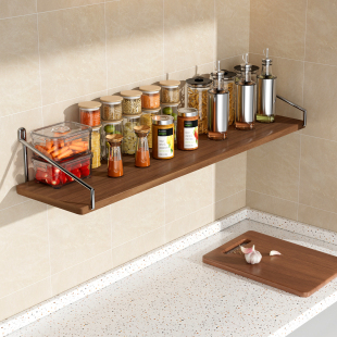 墙上置物架厨房壁挂免打孔木板墙壁隔板置物板调料多功能收纳架子