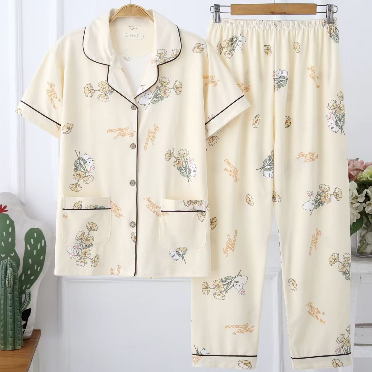 夏季纯棉薄款女睡衣家居服套装