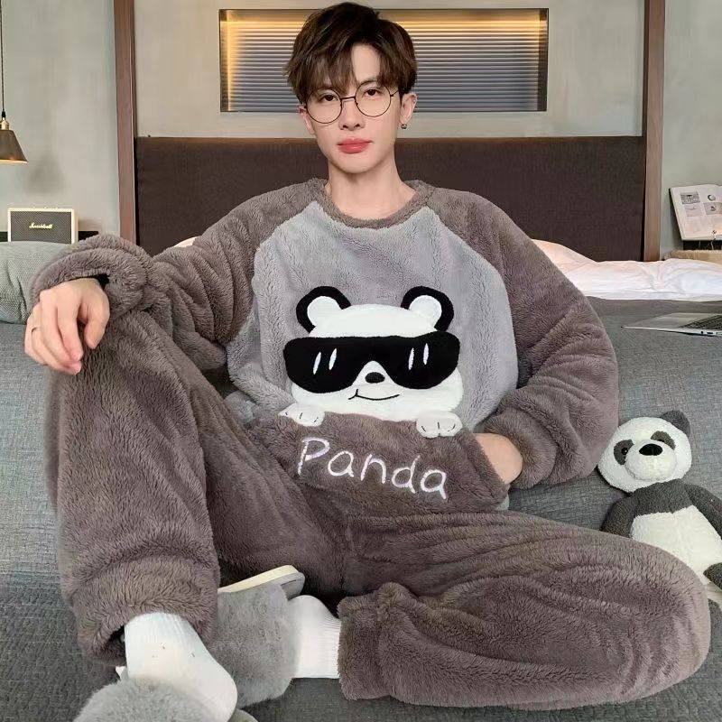 珊瑚绒睡衣男秋冬季加绒加厚法兰绒卡通男士大码家居服保暖套装冬