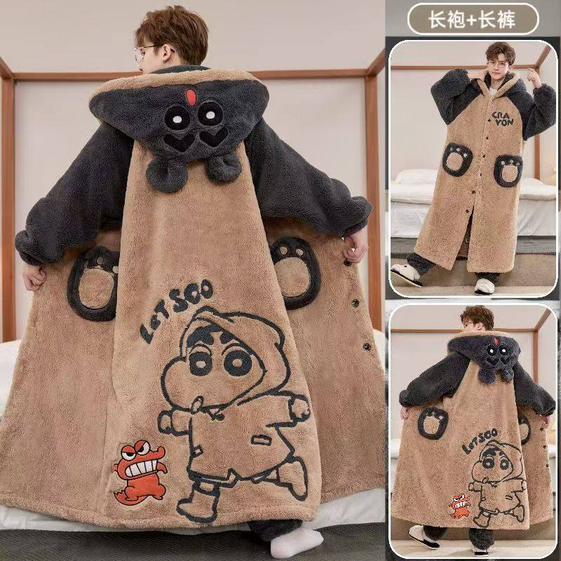 冬季珊瑚绒睡袍男加厚长款男士睡衣加肥加大码卡通加绒家居服套装