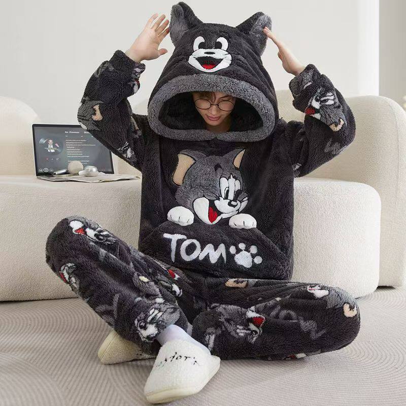 冬季睡衣男士秋冬季保暖珊瑚青少年加厚卡通加绒法兰绒家居服套装