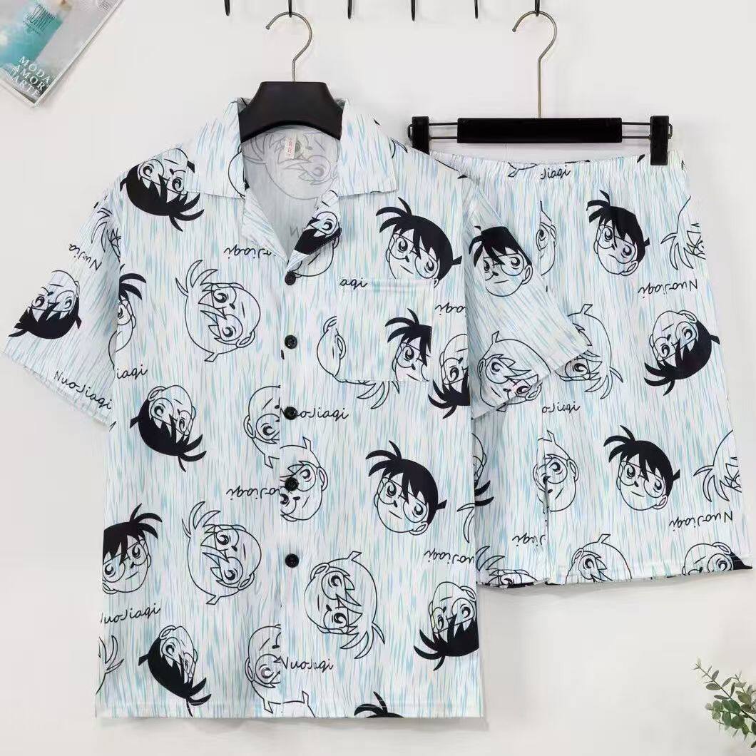 睡衣男夏季短裤薄款学生卡通青少年夏天宽松加大码家居服套装短袖