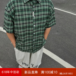 oops鹅噗丝大码美式复古格纹衬衫短袖宽松高级感街头风夏季工装