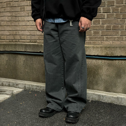 oops鹅噗丝大码宽松直筒休闲裤水洗街头风廓形纯棉裤子男春