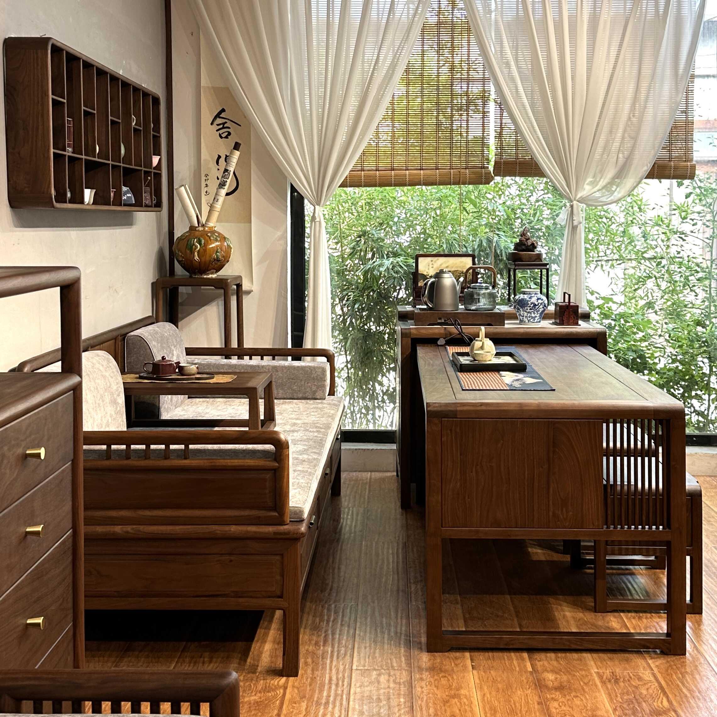 乐木新中式北美黑胡桃材质实木茶桌餐桌岛台套用圈椅方凳罗汉床