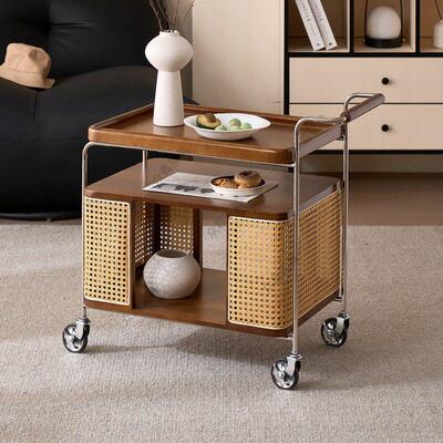 中古流年小推车边几可移动置物架网红法式复古侘寂风藤编实木茶几