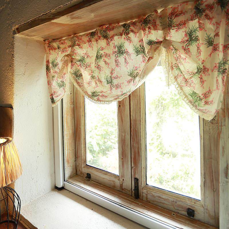 鸢尾乡旅英式松红梅碎花窗帘提拉帘帘门帘厨房窗卧室免打孔半遮光