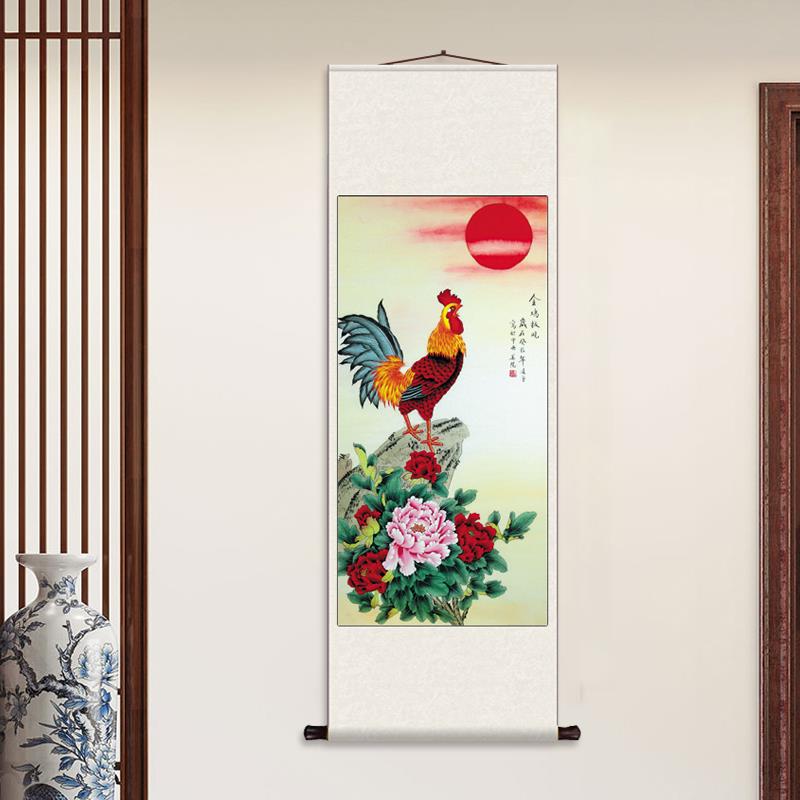 金鸡 丝绸卷轴装饰挂画雄鸡图书房玄关客厅装饰画动物卷轴画定制图片