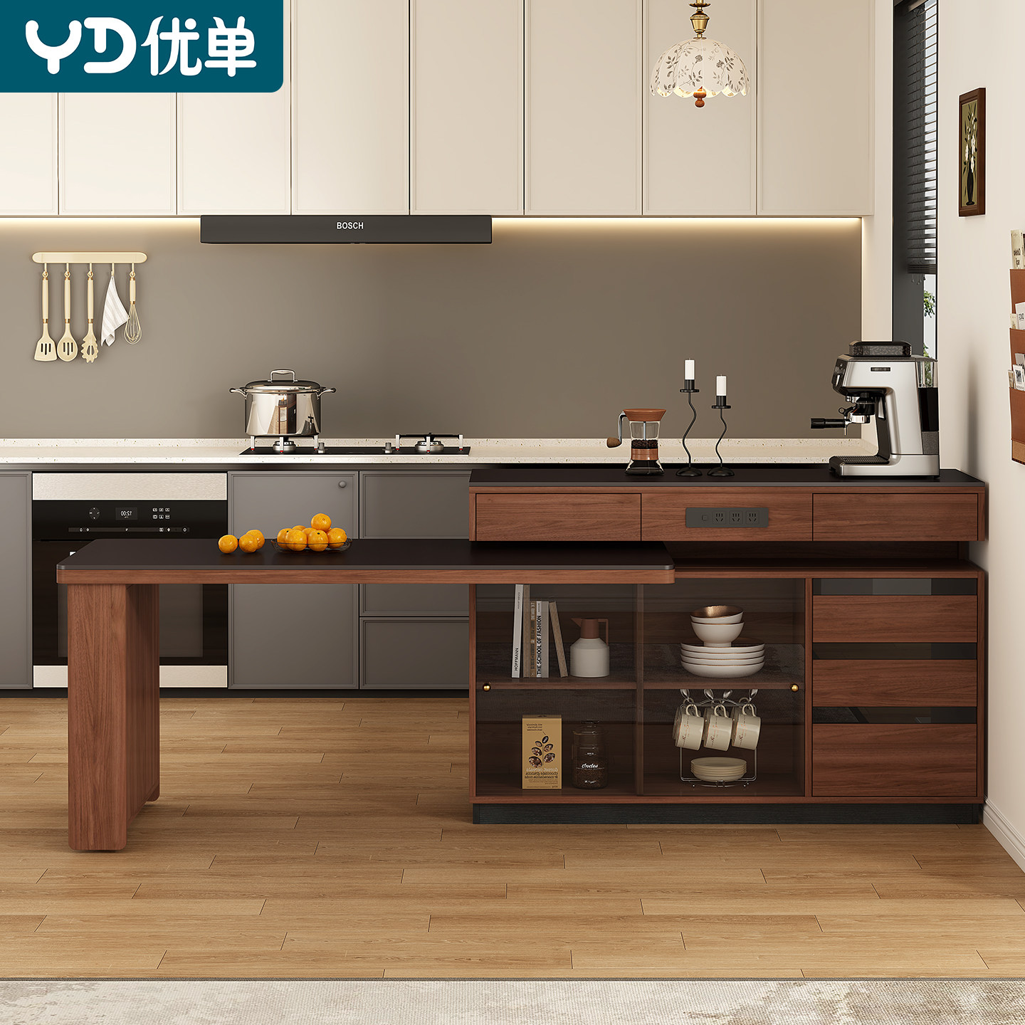 新型实木旋转餐桌岛台柜一体餐柜