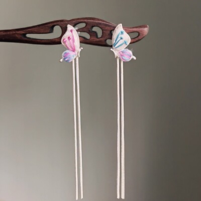 手工刺绣蝴蝶耳钉流苏女手工耳饰