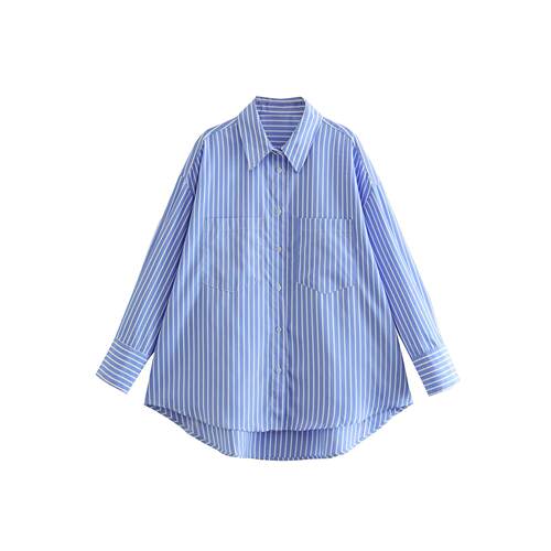 Short front and long back striped shirt 女士前短后长条纹衬衫