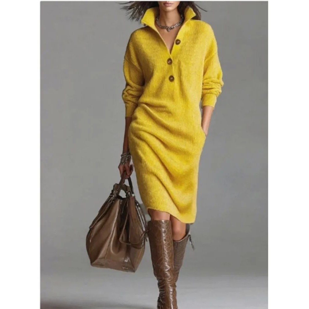 V领纽扣连衣裙女 Solid color V-neck button up dress for women