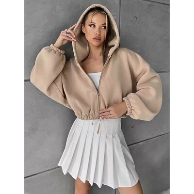 女士收腰露脐拉链连帽衫