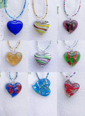彩色琉璃多巴胺红色爱心吊坠项链小众设计个性甜酷锁骨链y2k配饰